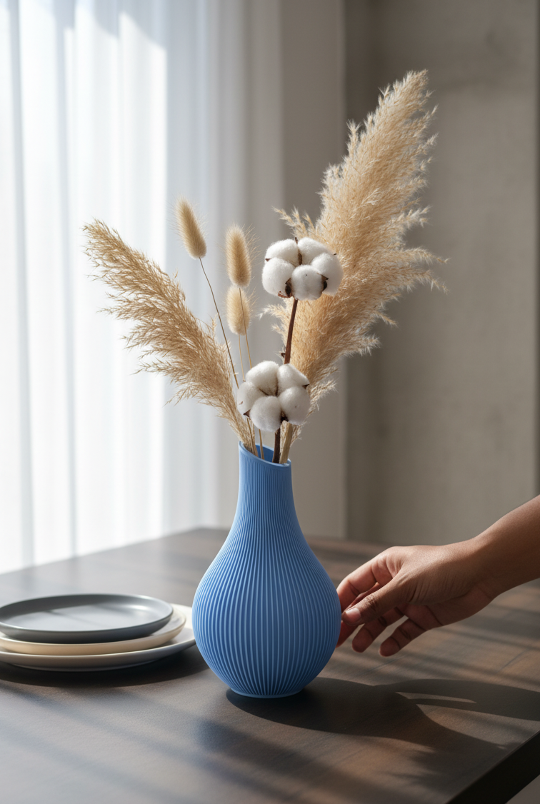 Modern ribbed decorative vase for home decor.