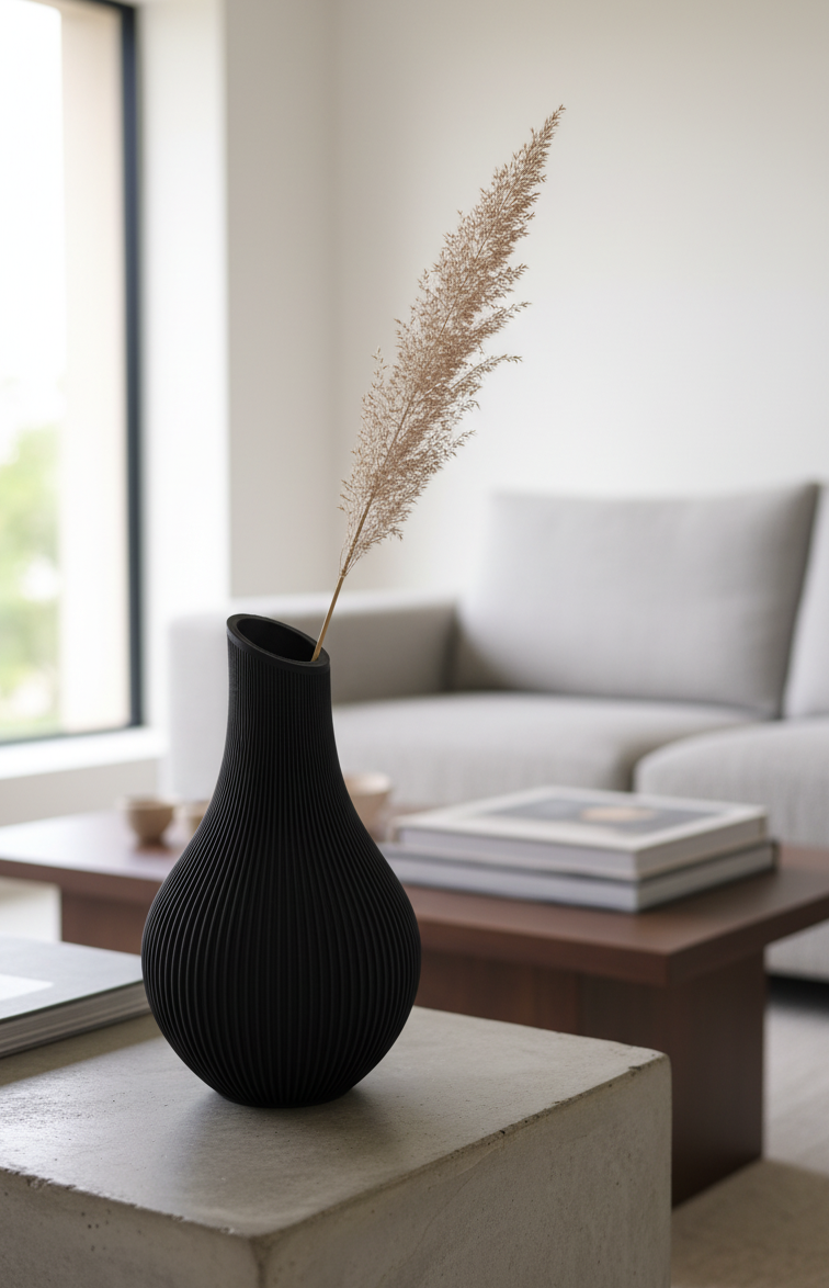 Modern ribbed decorative vase for home decor. Minimalist table vase ideal for living room, office desks, and contemporary interior styling.