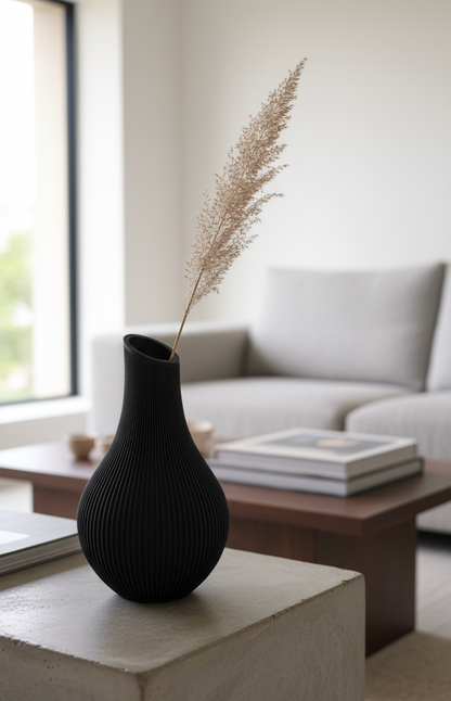 Modern ribbed decorative vase for home decor. Minimalist table vase ideal for living room, office desks, and contemporary interior styling.