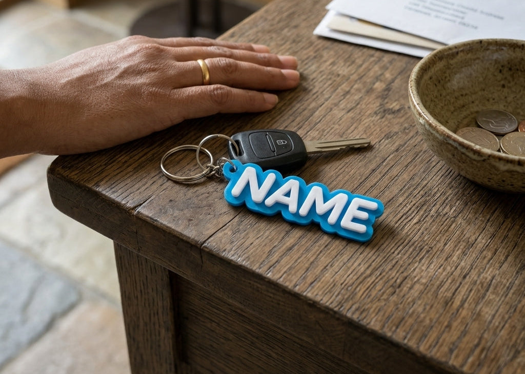 Keychain with 'NAME' on a wooden table next to a hand