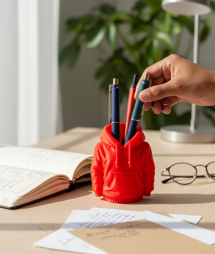 Creative hoodie style pen holder desk accessory