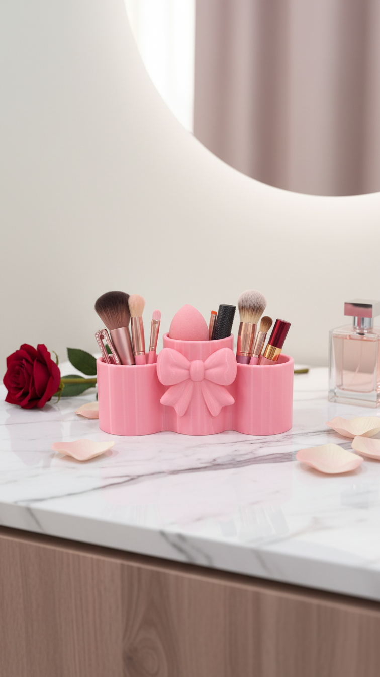 Cute Bow Makeup Organizer – Cosmetic Brush Holder & Vanity Storage Stand